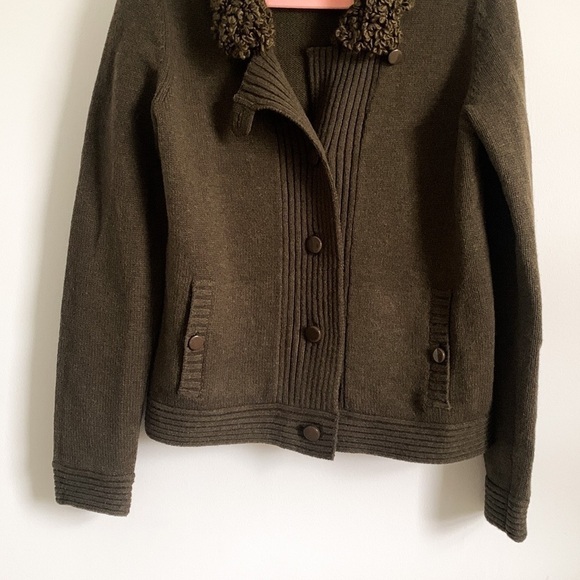 Gap Fuzzy Collar Moto Style Cardigan Sweater Army Green Medium 100% Wool - Picture 7 of 12